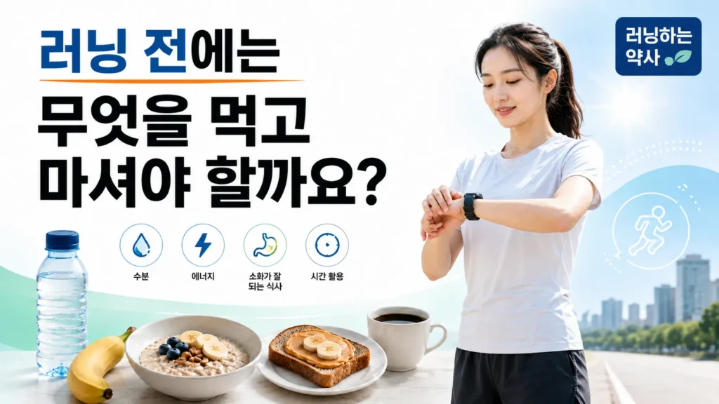 러닝 전 식사와 수분 보충을 준비하는 여성 러너와 바나나, 오트밀, 물 이미지