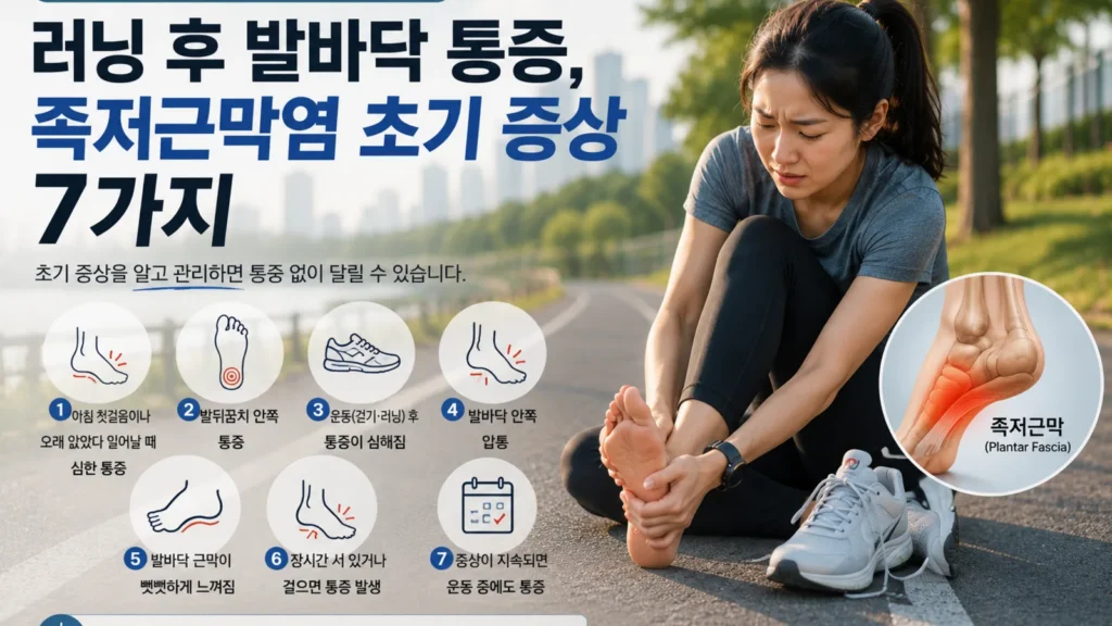 러닝 후 발바닥 통증과 족저근막염 초기 증상 7가지를 설명하는 여성 러너와 족저근막 이미지