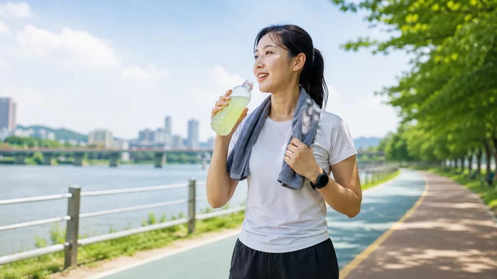 땀을 많이 흘린 뒤 나트륨과 수분을 보충하는 여성 러너와 전해질 음료 이미지