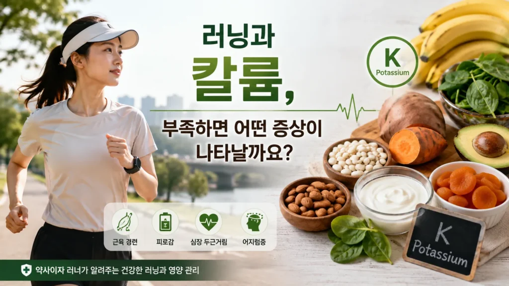 러닝 중 칼륨 부족과 근육 경련, 피로, 두근거림, 어지럼증을 설명하는 여성 러너와 칼륨이 풍부한 식품 이미지