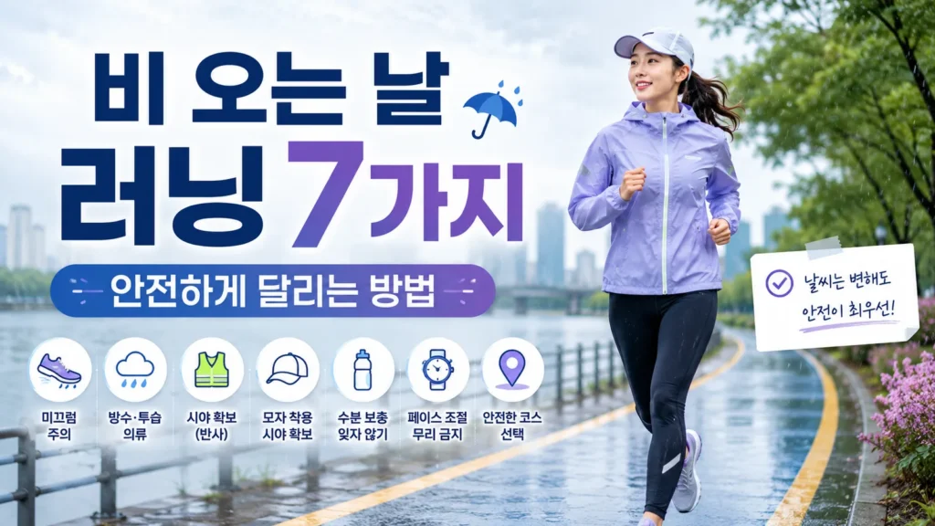 비 오는 날 러닝 7가지 안전수칙과 방수 재킷을 입고 달리는 여성 러너 대표 이미지