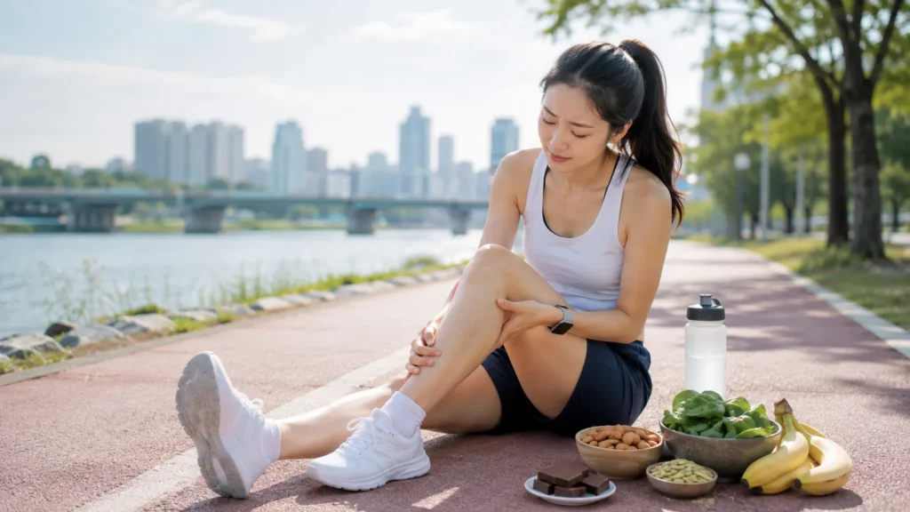 러닝 중 근육 경련을 겪는 여성 러너와 마그네슘이 풍부한 바나나, 견과류, 녹색 채소 이미지