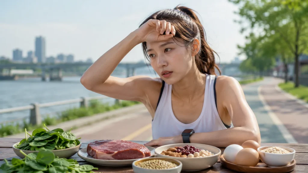 러닝 후 피로를 느끼는 여성 러너와 시금치, 붉은 고기, 콩, 달걀 등 철분이 풍부한 식품 이미지