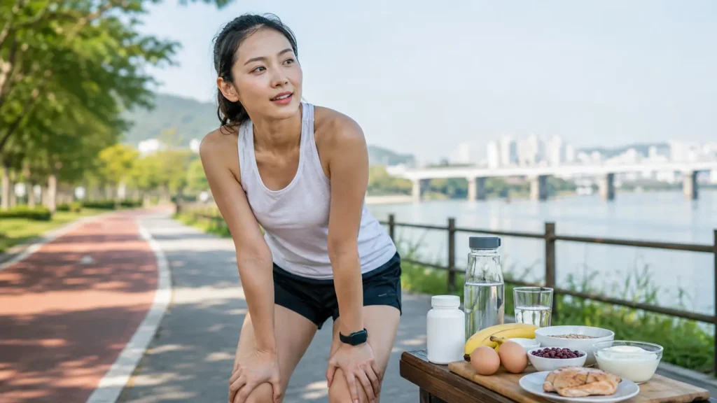 러닝 후 피로를 느끼는 여성 러너와 달걀, 닭가슴살, 바나나, 곡류, 요거트 등 비타민B군 식품 이미지