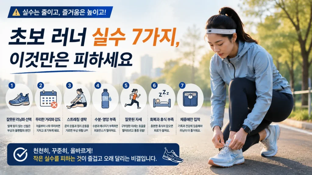 초보 러너 실수 7가지와 러닝화를 준비하는 여성 러너 대표 이미지