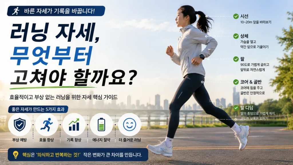 러닝 자세에서 시선, 상체, 팔, 코어와 골반, 발 디딤을 설명하는 여성 러너 대표 이미지