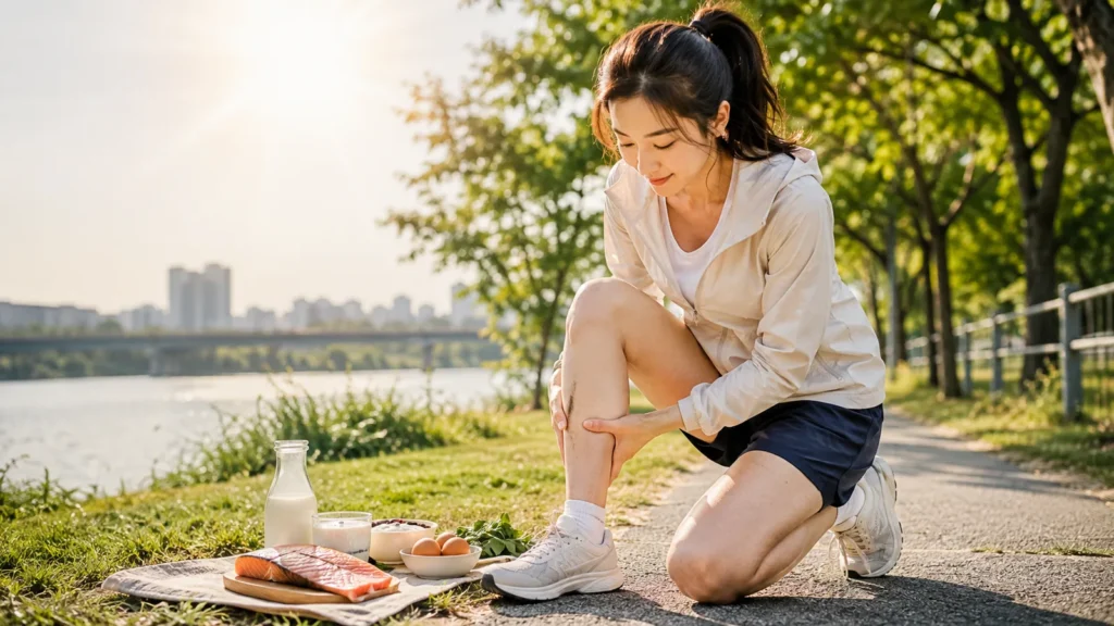 햇빛 아래 러닝 후 다리 근육을 살피는 여성 러너와 연어, 달걀, 우유 등 비타민D 식품 이미지
