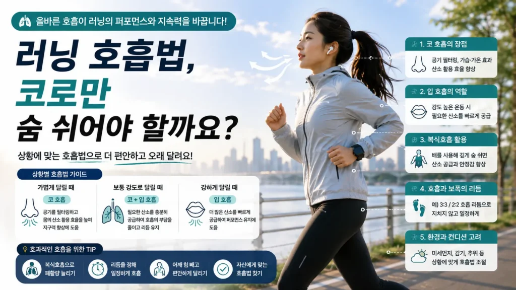 러닝 호흡법과 코호흡, 입호흡, 복식호흡을 설명하는 여성 러너 대표 이미지