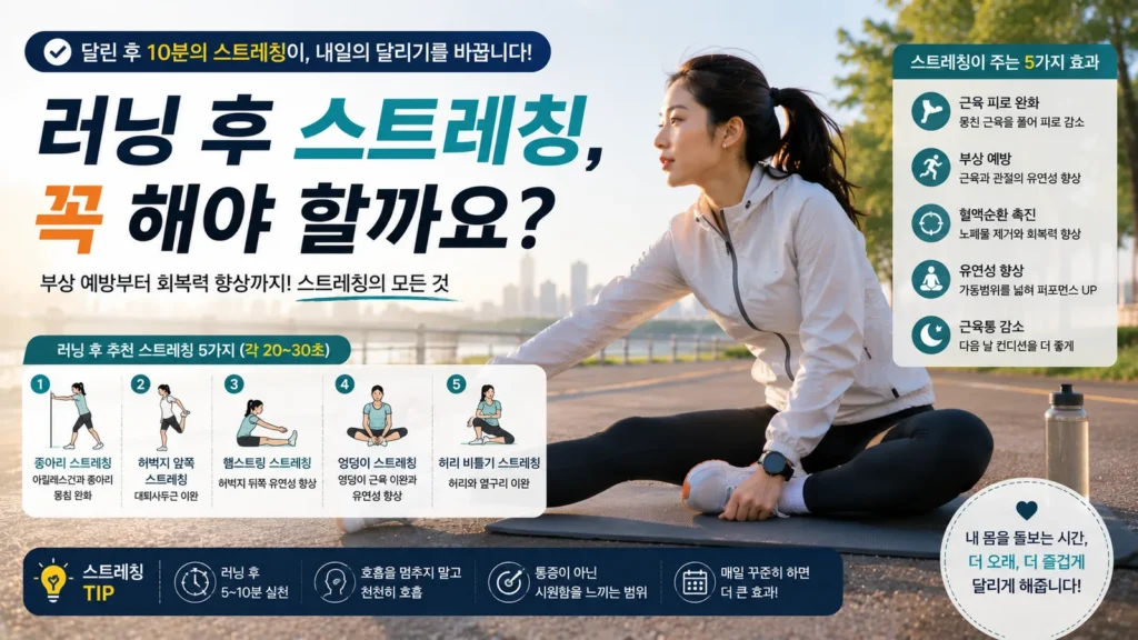 러닝 후 스트레칭 방법과 하체 스트레칭을 하는 여성 러너 대표 이미지