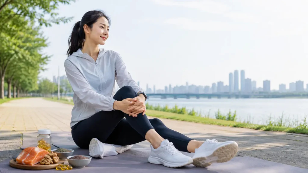 러닝 후 관절 회복을 위해 쉬는 여성 러너와 연어, 호두, 씨앗류, 오메가3 보충제 이미지