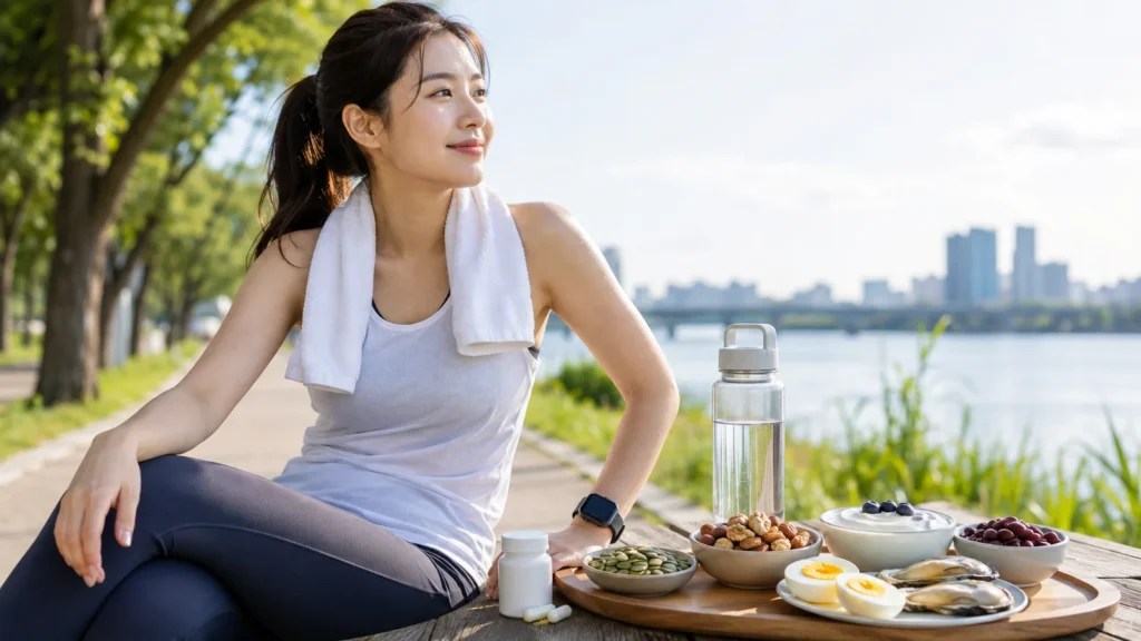 러닝 후 회복하는 여성 러너와 굴, 달걀, 견과류, 씨앗류 등 아연이 풍부한 식품과 보충제 이미지