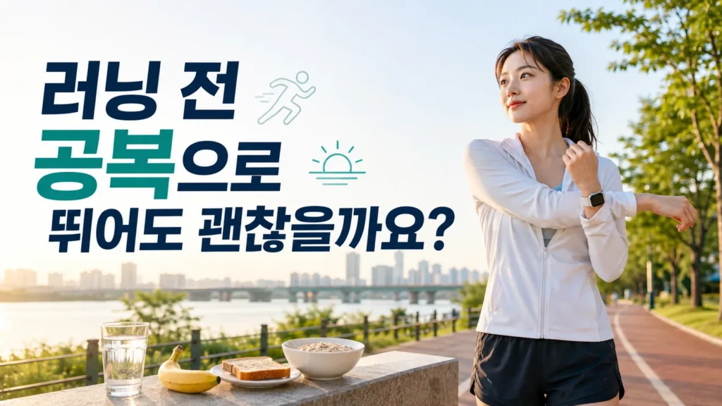 아침 러닝 전 공복 여부를 고민하는 여성 러너와 물, 바나나, 토스트, 오트밀이 함께 있는 이미지