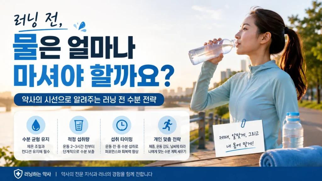 러닝 전 수분 섭취를 위해 물을 마시는 여성 러너와 러닝 전 적정 수분 섭취량과 타이밍을 설명하는 이미지