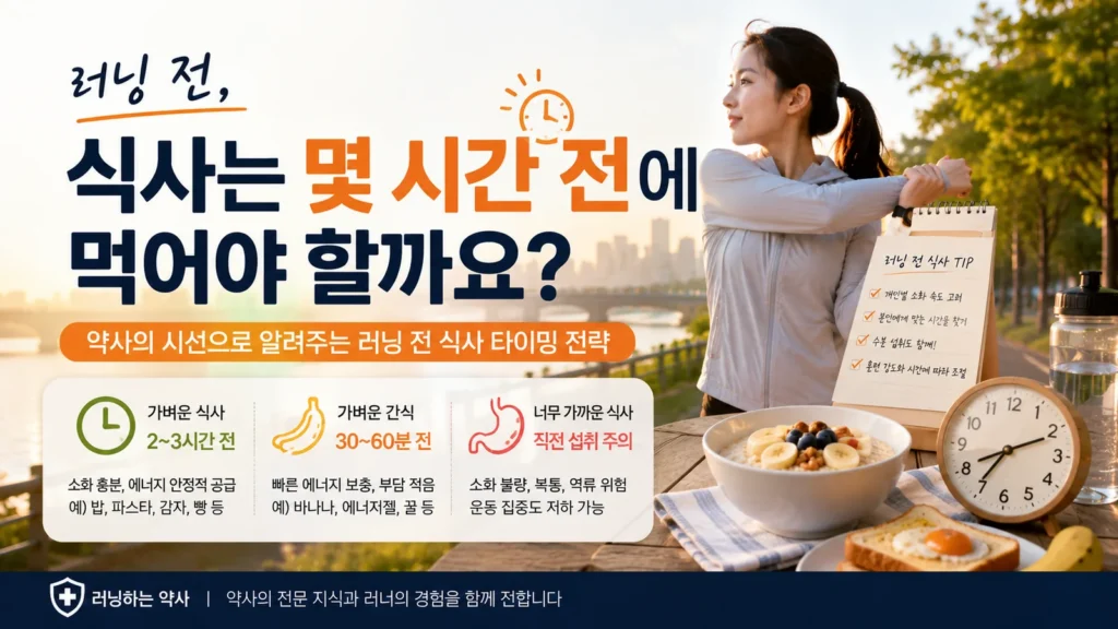 러닝 전 식사 시간을 고민하는 여성 러너와 시계, 오트밀, 바나나 등 러닝 전 식사 예시를 함께 보여주는 이미지