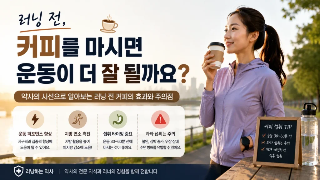 러닝 전 커피를 마시는 여성 러너와 카페인 섭취 타이밍, 운동 퍼포먼스와 주의점을 설명하는 이미지