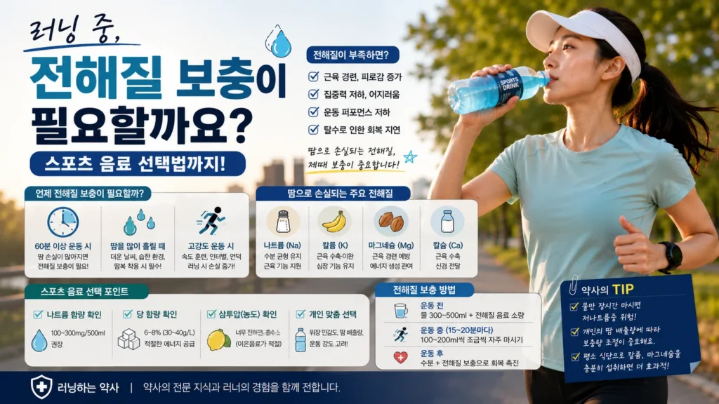 러닝 중 스포츠 음료를 마시는 여성 러너와 전해질 보충이 필요한 상황, 나트륨과 칼륨 등 주요 전해질 및 스포츠 음료 선택 기준을 설명하는 이미지