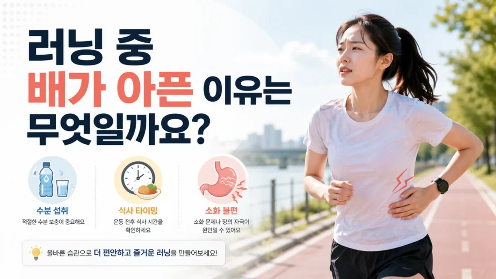 러닝 중 배 통증을 느끼는 여성 러너와 수분 섭취, 식사 타이밍, 소화 불편 원인을 설명하는 이미지
