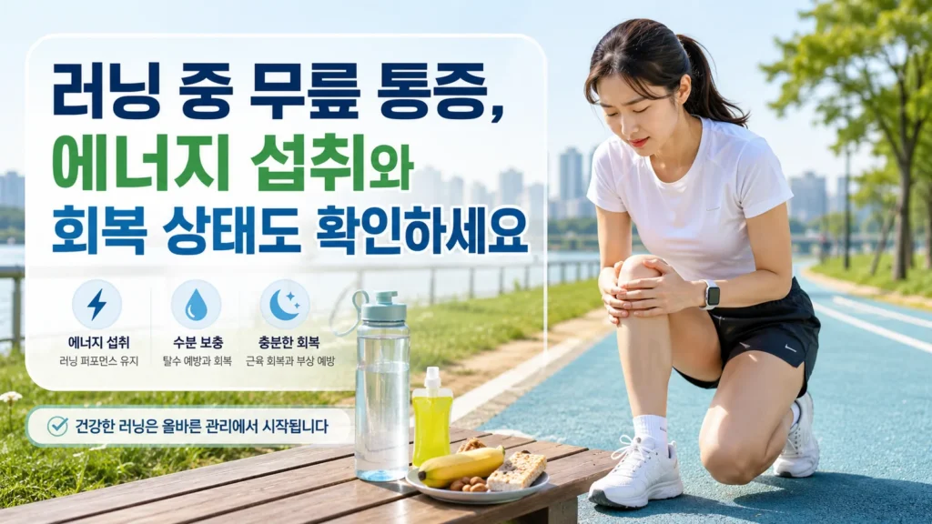 러닝 중 무릎 통증을 느끼는 여성 러너와 에너지 섭취, 수분 보충, 충분한 회복 상태를 함께 확인하는 이미지