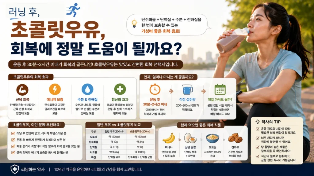 러닝 후 초콜릿우유를 마시는 여성 러너와 탄수화물, 단백질, 수분, 전해질을 통한 회복 효과를 설명하는 이미지