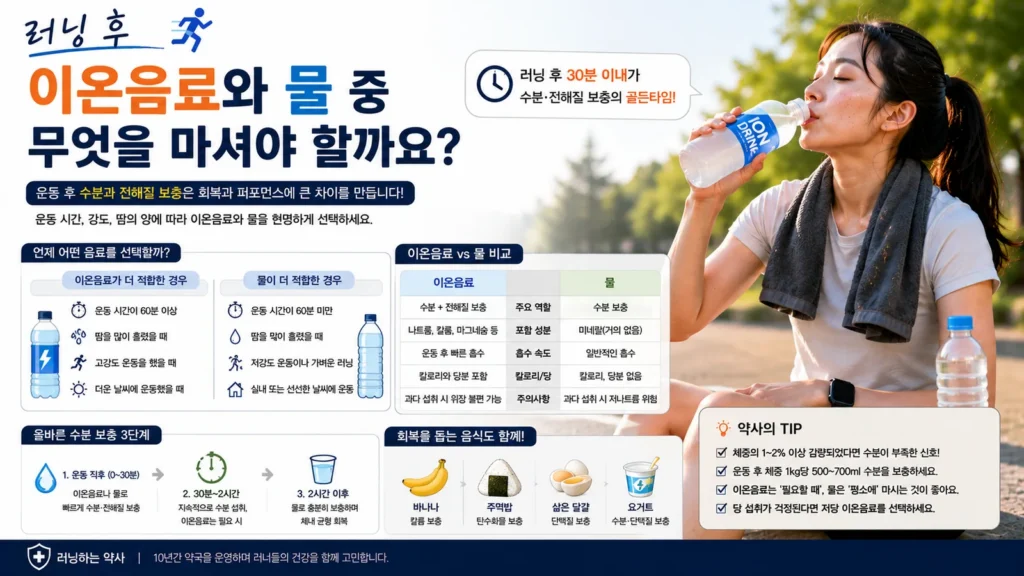 러닝 후 이온음료를 마시는 여성 러너와 운동 시간, 땀의 양에 따른 물과 이온음료 선택 기준을 설명하는 이미지