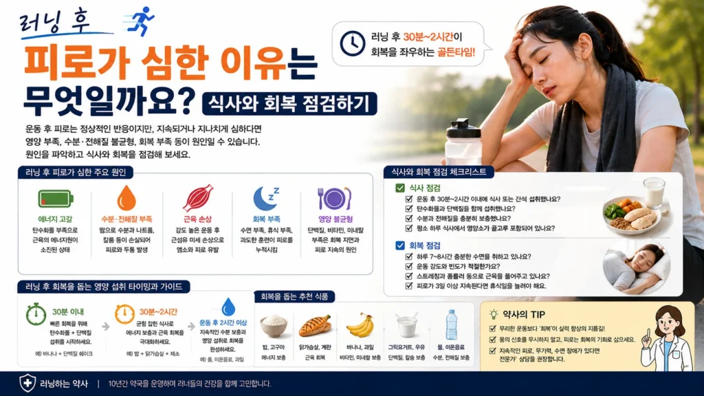 러닝 후 심한 피로를 느끼는 여성 러너와 에너지 고갈, 수분과 전해질 부족, 영양 불균형, 수면과 회복 상태를 점검하는 이미지