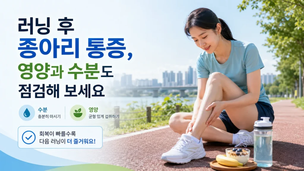 러닝 후 종아리 통증을 느끼는 여성 러너와 수분 보충, 균형 잡힌 영양, 회복 관리를 함께 설명하는 이미지