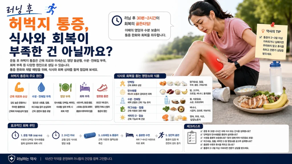 러닝 후 허벅지 통증을 느끼는 여성 러너와 단백질, 탄수화물, 수분과 전해질, 충분한 휴식을 통한 회복 관리를 설명하는 이미지