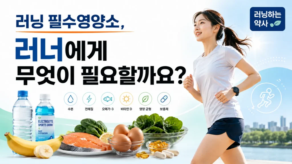 러닝 필수영양소를 설명하는 여성 러너와 영양 식품 이미지