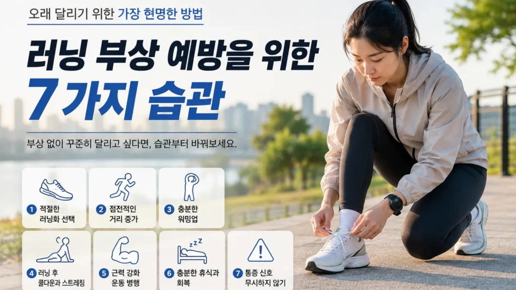 러닝 부상 예방을 위한 7가지 습관과 러닝화를 준비하는 여성 러너 이미지