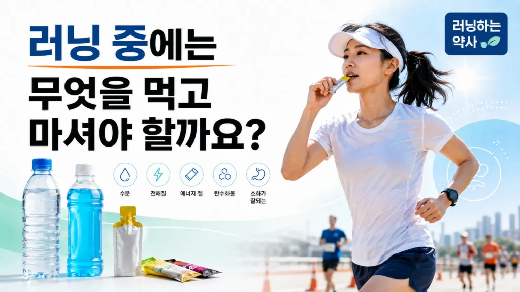 러닝 중 수분, 전해질과 에너지를 보충하는 여성 러너와 스포츠음료, 에너지젤 이미지
