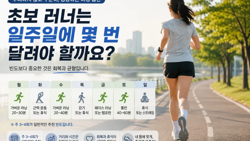 초보 러너가 일주일에 몇 번 달려야 하는지 주 3~4회 러닝과 회복 일정을 보여주는 대표 이미지