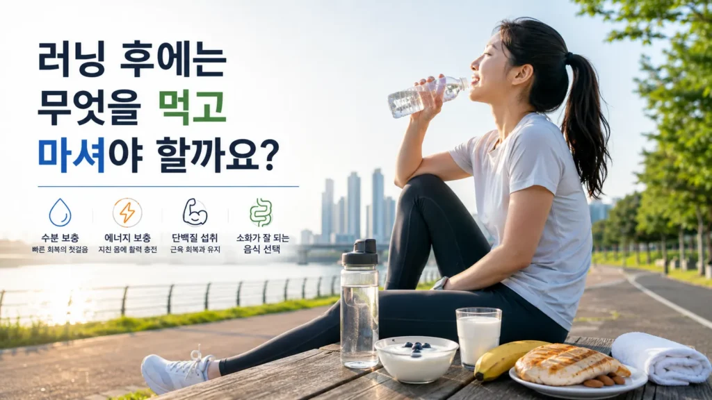 러닝 후 수분과 단백질을 보충하며 회복하는 여성 러너와 물, 바나나, 요거트, 단백질 식품 이미지