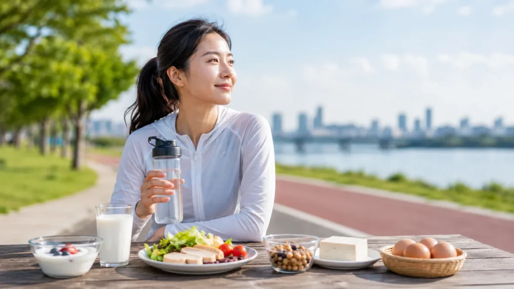 러닝 후 단백질 섭취를 위한 여성 러너와 닭가슴살, 달걀, 두부, 요거트 등 단백질 식품 이미지