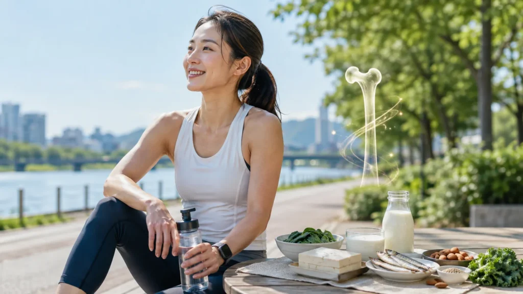 러닝 후 휴식하는 여성 러너와 우유, 두부, 생선, 견과류 등 칼슘이 풍부한 식품과 뼈 건강 이미지