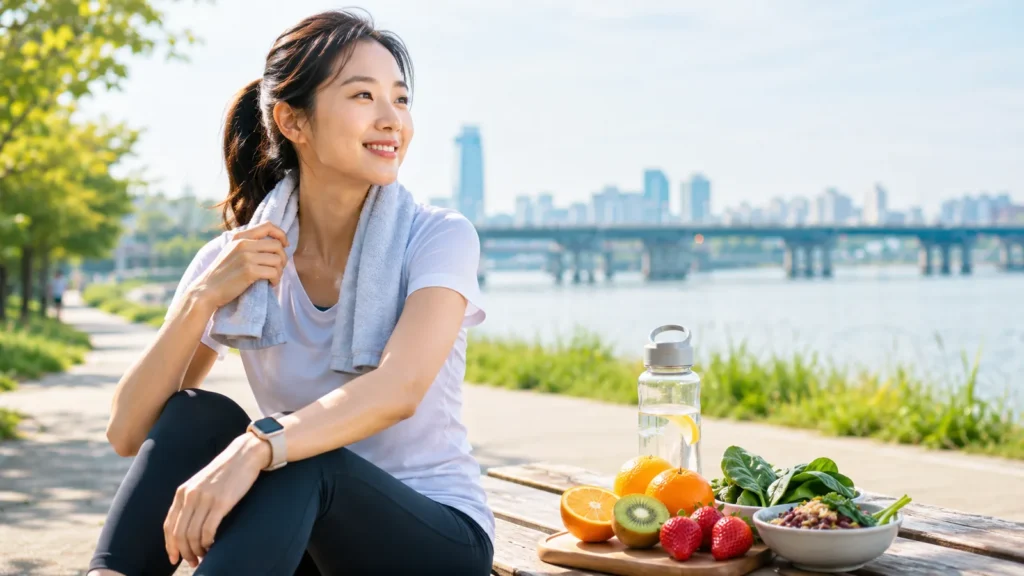 러닝 후 회복하는 여성 러너와 오렌지, 키위, 딸기, 피망 등 비타민C 식품과 철분 흡수를 돕는 식단 이미지
