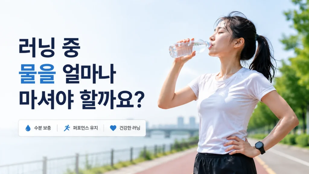러닝 중 물을 마시는 여성 러너와 수분 보충, 퍼포먼스 유지, 건강한 러닝을 설명하는 이미지