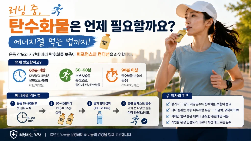 러닝 중 에너지젤을 섭취하는 여성 러너와 운동 시간에 따른 탄수화물 보충 시점과 섭취 방법을 설명하는 이미지