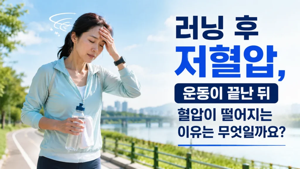러닝 후 저혈압으로 어지러움을 느끼는 여성 러너와 물병 이미지